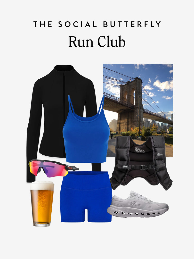 A digital collage for 'The Social Butterfly Run Club' featuring a blue Barre Tank top and matching Ace Short, a black Super Moves Jacket, a gray running shoe, pink mirrored sunglasses, a glass of beer, a weight vest, and a New York City skyline photo with the Brooklyn Bridge.