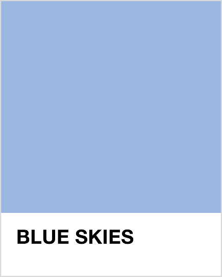Solid blue color swatch with 'BLUE SKIES' text on a white background
