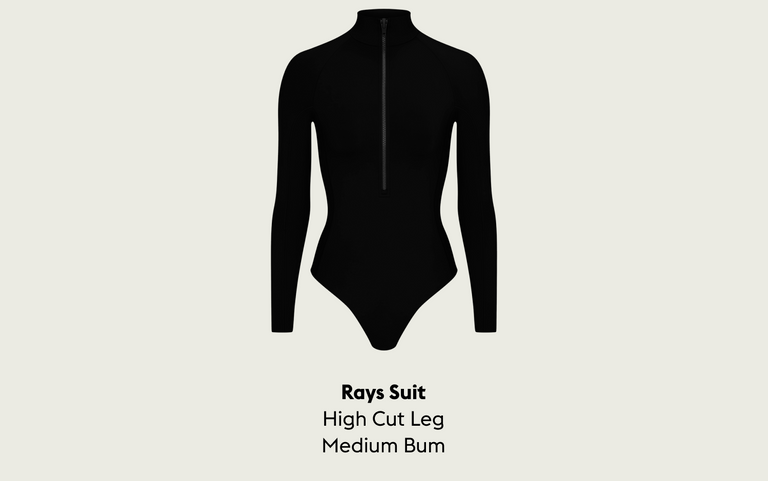 Black Rays Suit with high cut leg on a light gray background