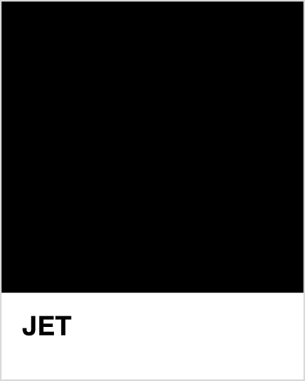 Solid colour swatch with the word 'JET' below it on a black and white background