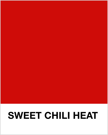 Red color swatch with 'Sweet Chili Heat' text on a white background