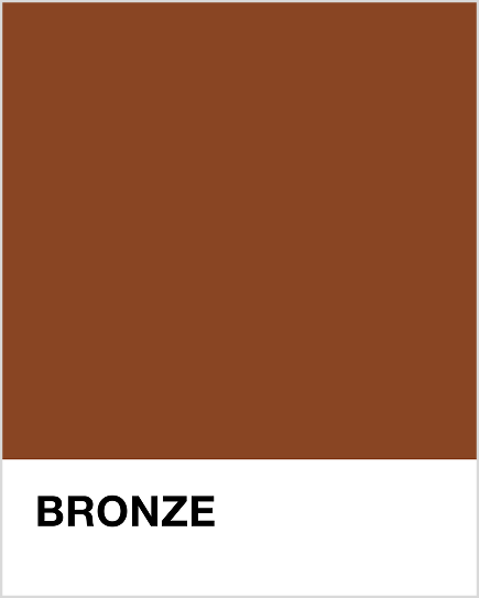 Solid bronze colour swatch with the word 'Bronze' below it on a white background