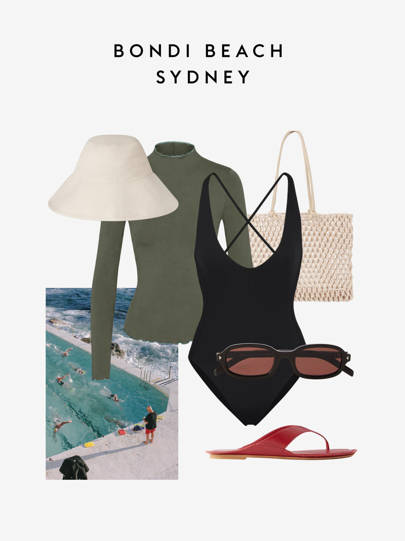 A fashion collage on a light gray background with the text 'BONDI BEACH SYDNEY' at the top. The items include a cream bucket hat, an olive green mock-neck top, a black one-piece swimsuit, a beige woven tote bag, red-framed sunglasses, and red flip-flops.