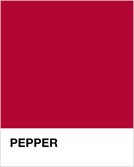 Solid red color swatch with 'PEPPER' text on a white background