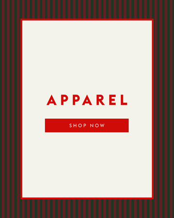 Red and white 'Apparel Shop Now' button on a striped background