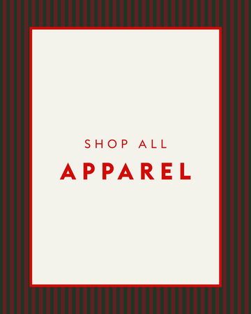 Text 'SHOP ALL APPAREL' on a white background with a red border against a dark striped background