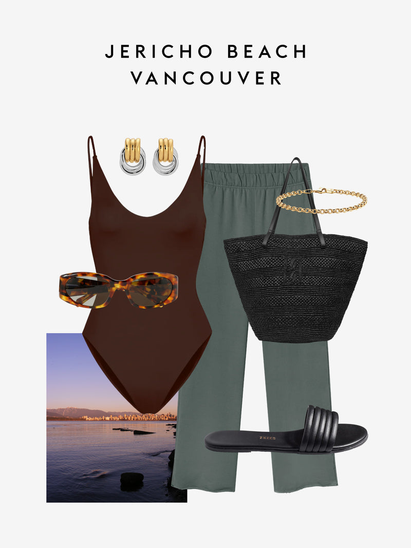 A styled summer outfit flat lay featuring a dark brown one-piece swimsuit, sage green wide-leg pants, a black woven tote bag with gold chain details, tortoiseshell sunglasses, black slide sandals, and gold hoop earrings. The text 'JERICHO BEACH VANCOUVER' is displayed at the top, and a small beach sunset photo is in the bottom-left corner.