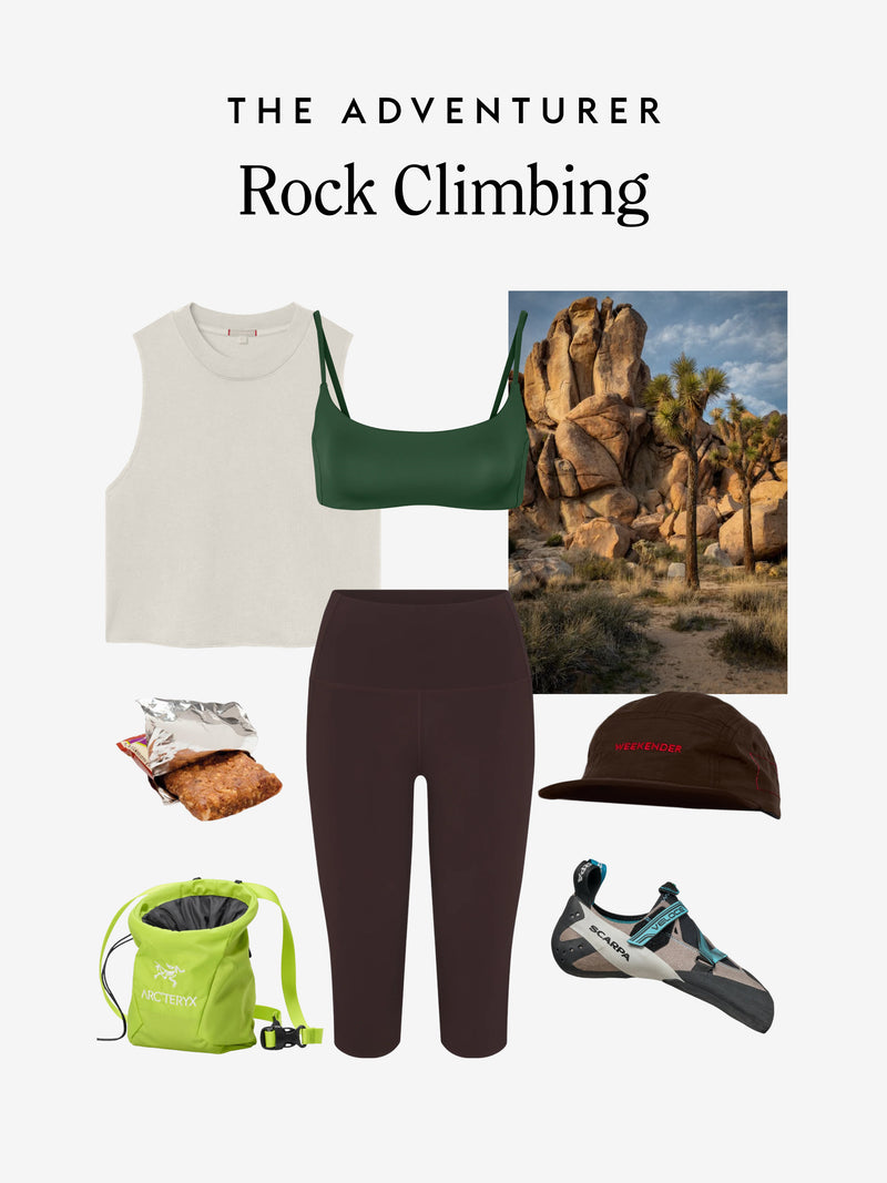A styled outdoor rock climbing outfit collage on a light gray background with the text 'THE ADVENTURER Rock Climbing.' The set includes a sleeveless light taupe tank, a Tropics green Pool Days Top, dark brown Pedal Pusher, a climbing shoe, a lime green backpack, a brown cap, and a desert rock scene photo.