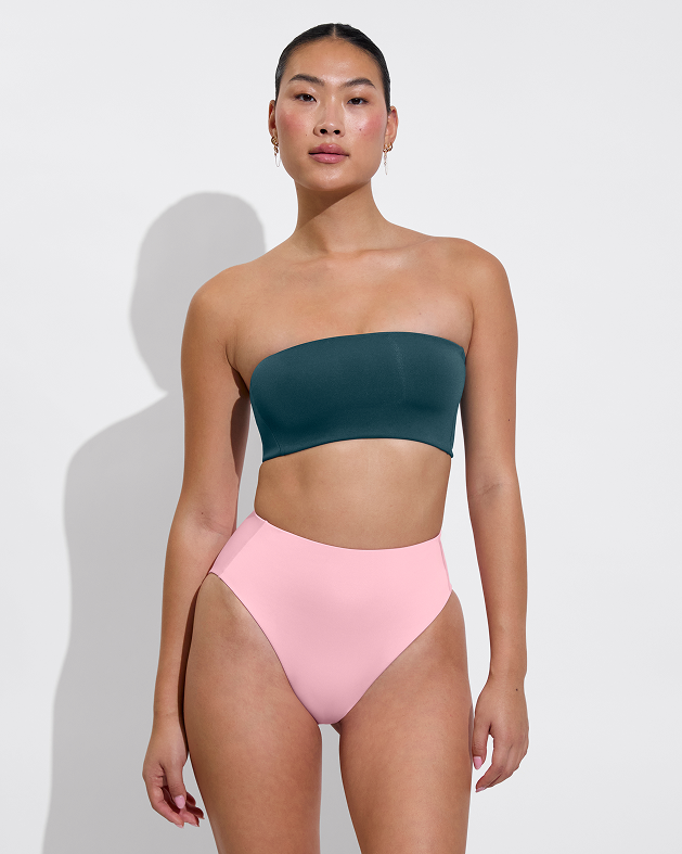 Woman in tubular top in deep end paired with hi hi bottom in delight
