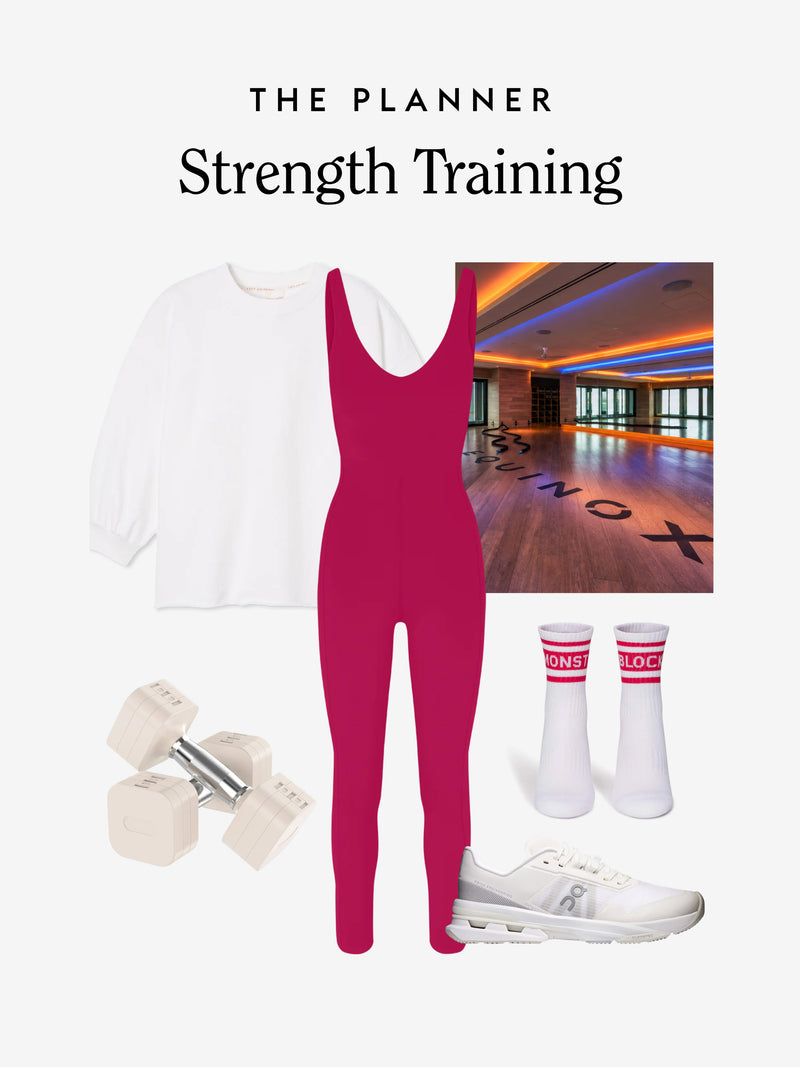 A fitness outfit flat lay titled 'THE PLANNER Strength Training' on a light gray background, featuring a white Sports & Rec Sweatshirt, a pink Plunge Playsuit, white socks, a white sneaker, dumbbells, and a small inset photo of a gym interior.