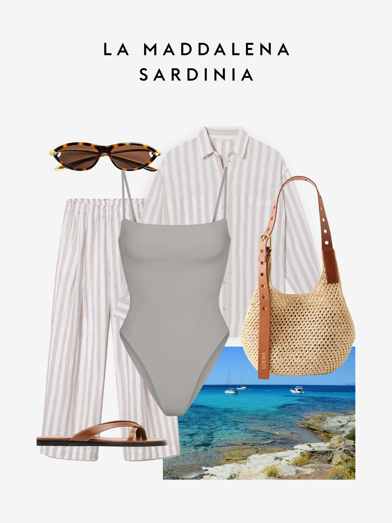 A fashion flat lay featuring a light gray one-piece swimsuit, a white and beige vertically striped button-up shirt, matching striped shorts, tortoiseshell sunglasses, a woven straw shoulder bag with brown leather straps, and a single brown flat sandal. The text 'LA MADDALENA SARDINIA' is printed at the top, and a beach scene in Sardinia is shown in the bottom right corner.