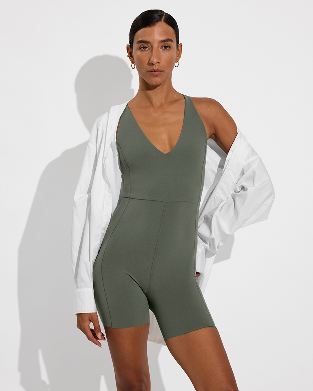 Weekender Playsuit 5" in Agave with Port Button Down in Coconut
