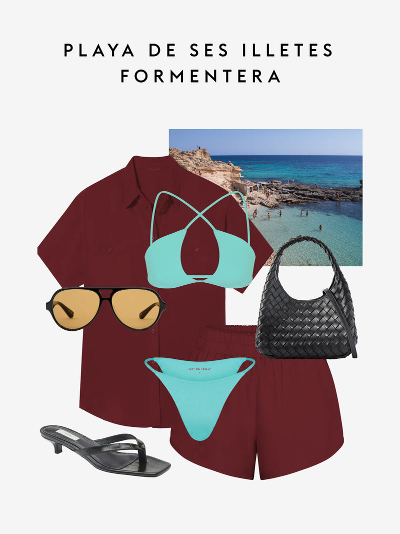 A beachwear outfit collage on a light gray background with the text 'PLAYA DE SES ILLETES FORMENTERA' at the top. The set includes a burgundy short-sleeve button-up shirt, a turquoise bikini set, matching burgundy shorts, black sunglasses with gold lenses, a black woven handbag, and black heeled sandals.