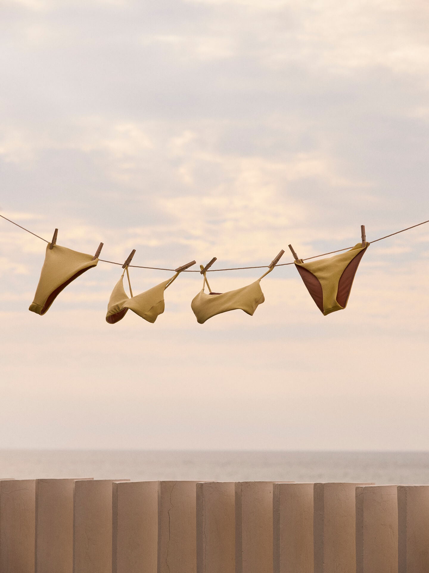 Bikinis hanging on a clothesline against a cloudy sky.