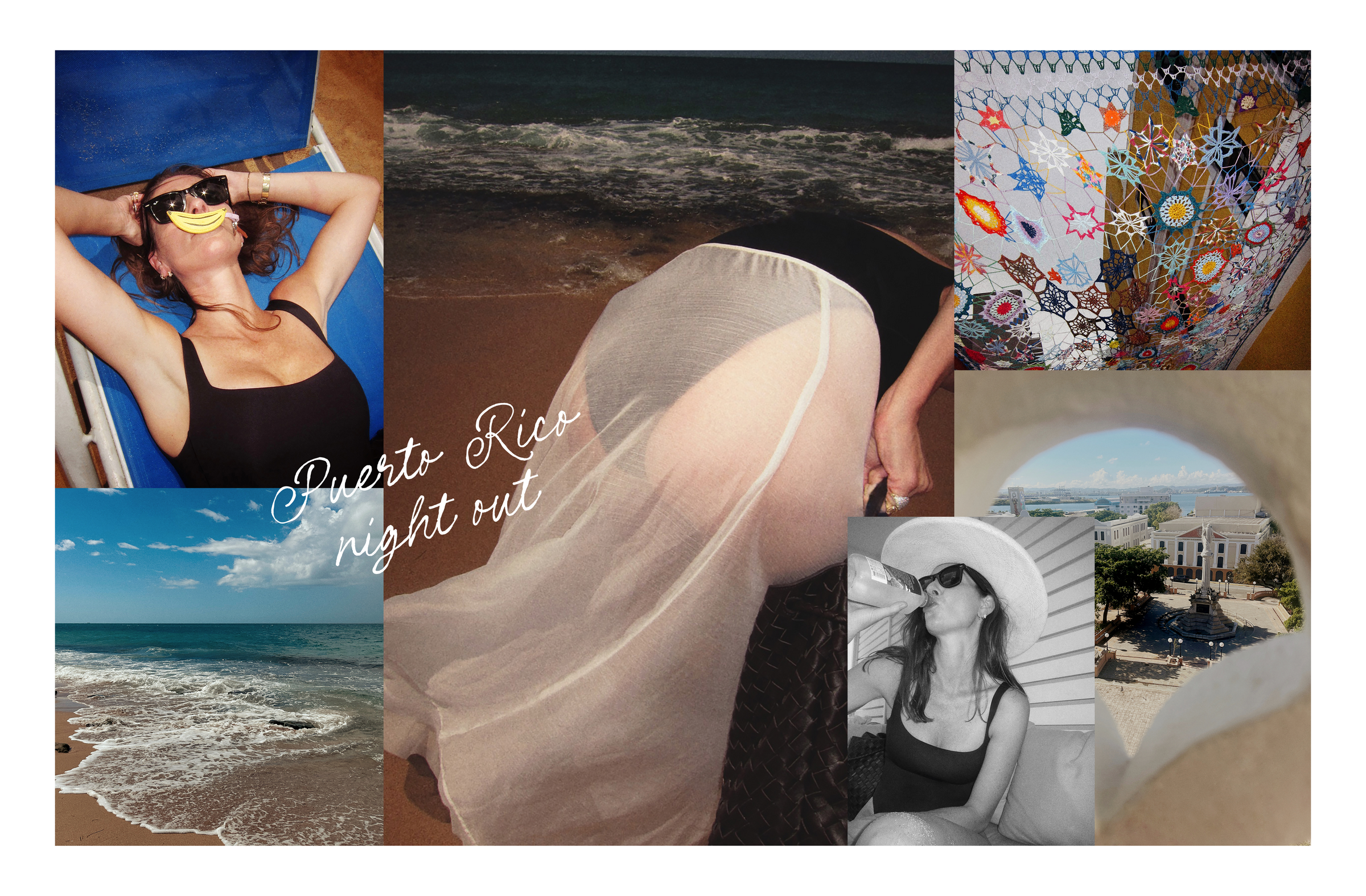 Collage of various images including a woman on a beach, a scenic view, and text  'Puerto Rico night out'.