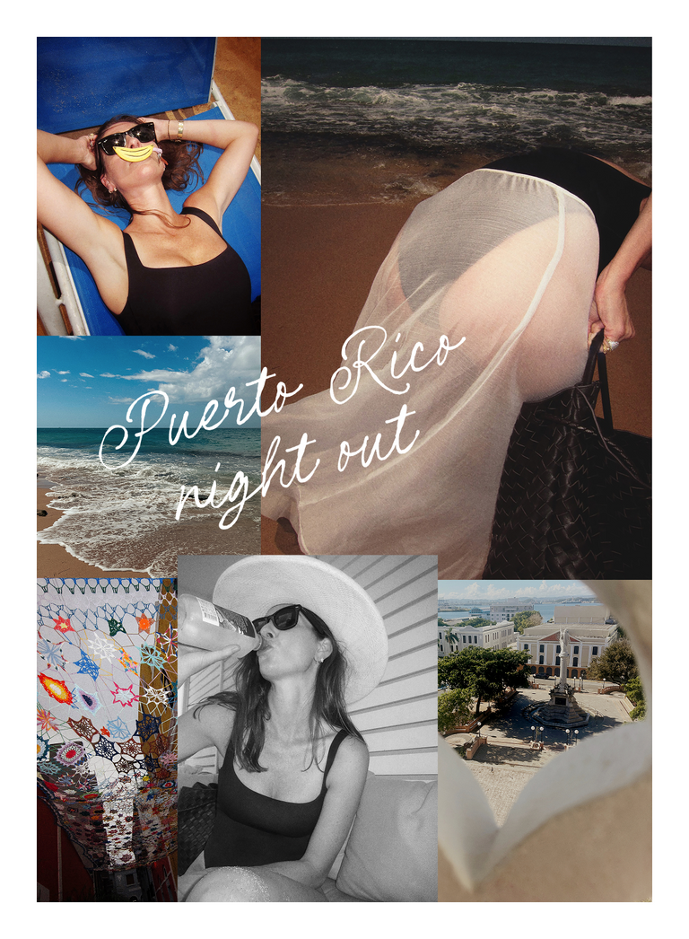 Collage of various images including a woman on a beach, a scenic view, and text  'Puerto Rico night out'.