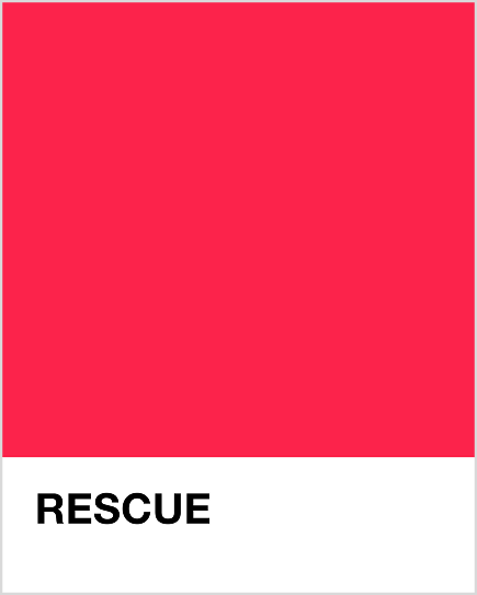 Solid neon red colour swatch with 'RESCUE' text on a white background