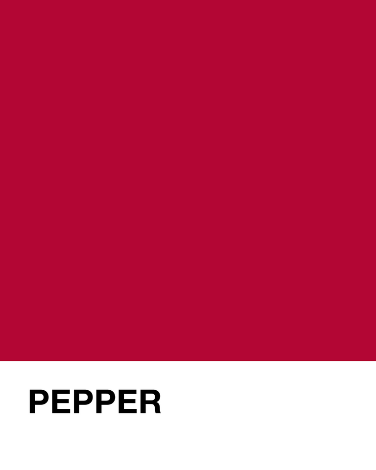 Solid red color swatch with 'PEPPER' text below on a white background