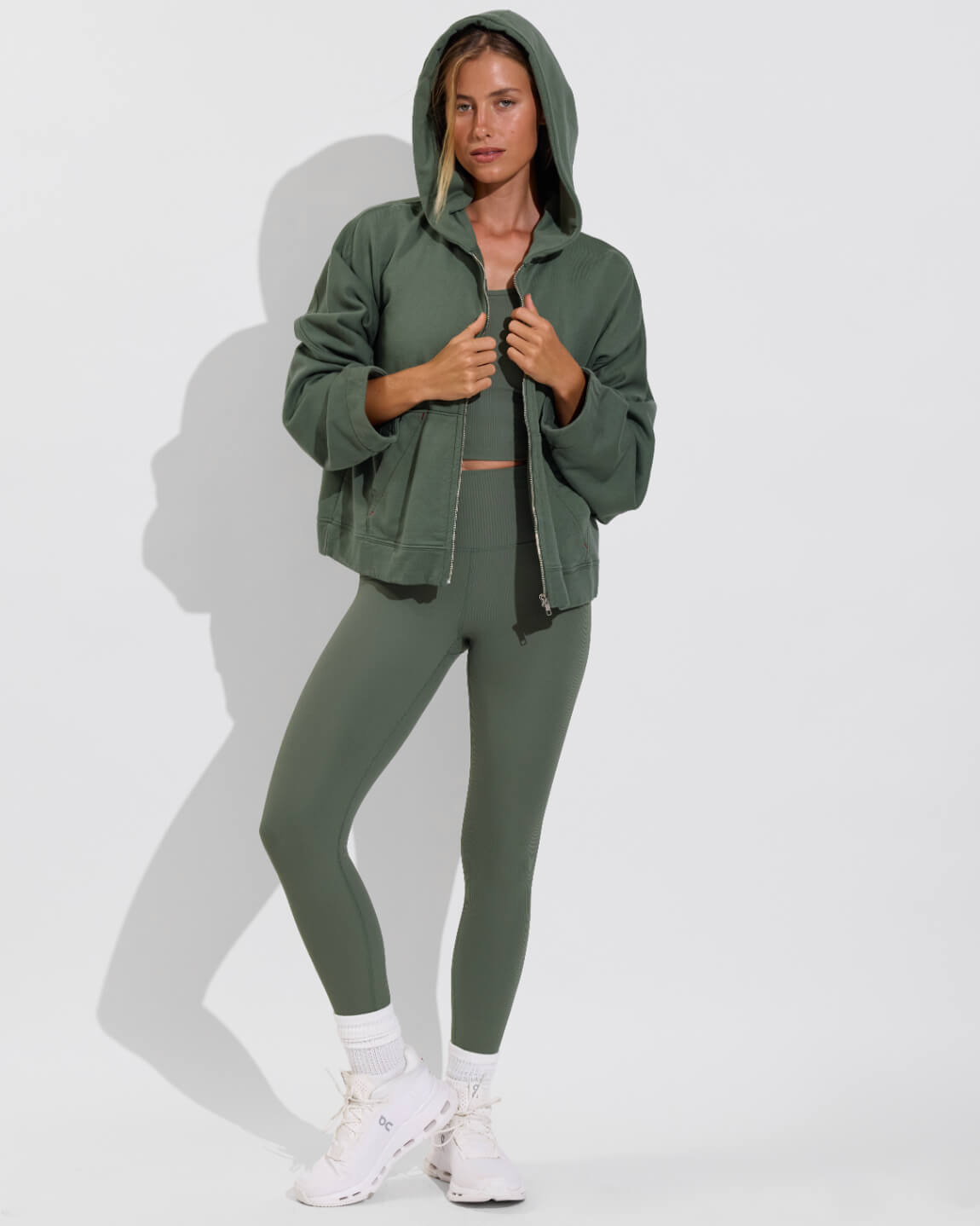 Beach Side Hoodie (Size S/M) + Barre Tank *Rib + Super Moves Tight *Rib - Agave (Size S)