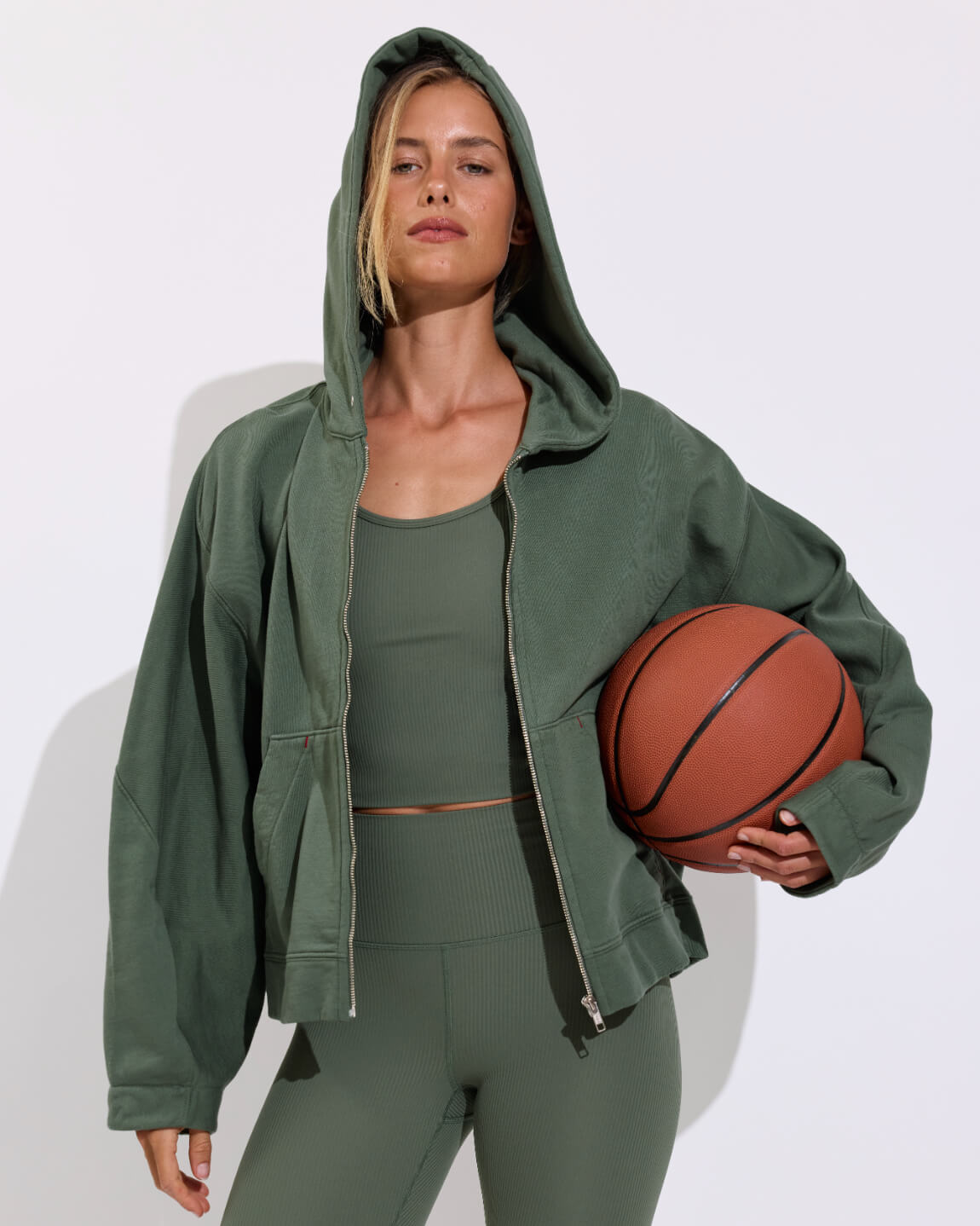 Beach Side Hoodie (Size S/M) + Barre Tank *Rib + Super Moves Tight *Rib - Agave (Size S)