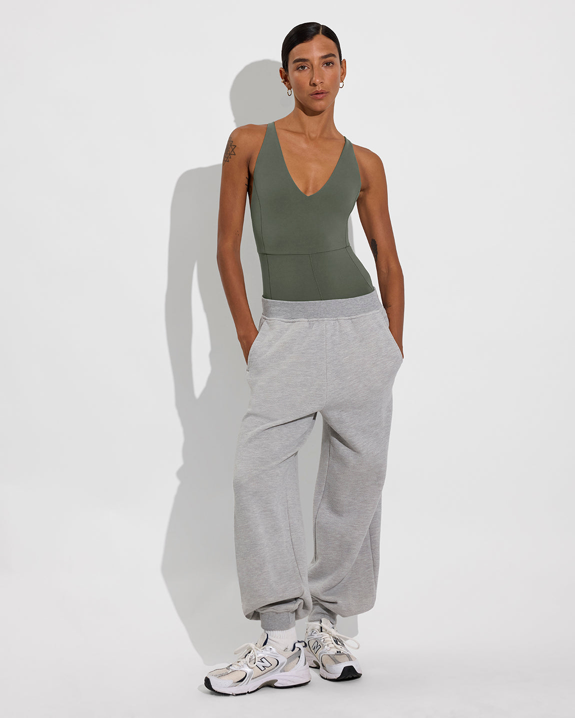 Weekender Playsuit 5" - Agave (Size S) + Field Day Sweatpant - Heathered Grey (Size S)