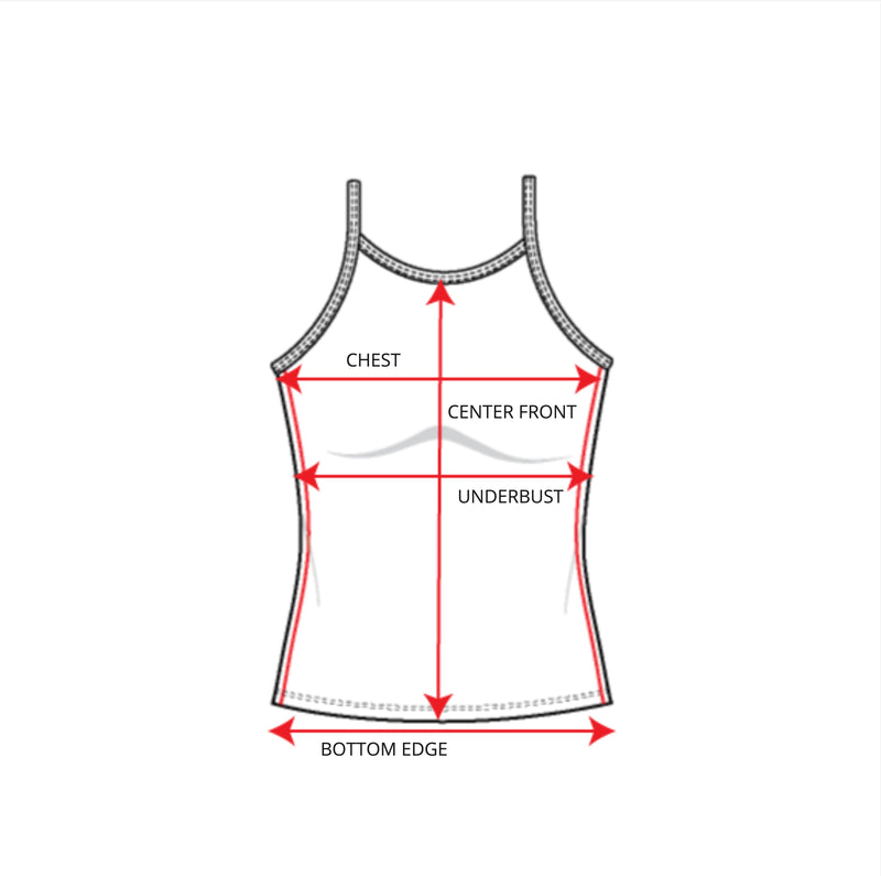 Measurement chart for a tank top with labeled parts on a white background