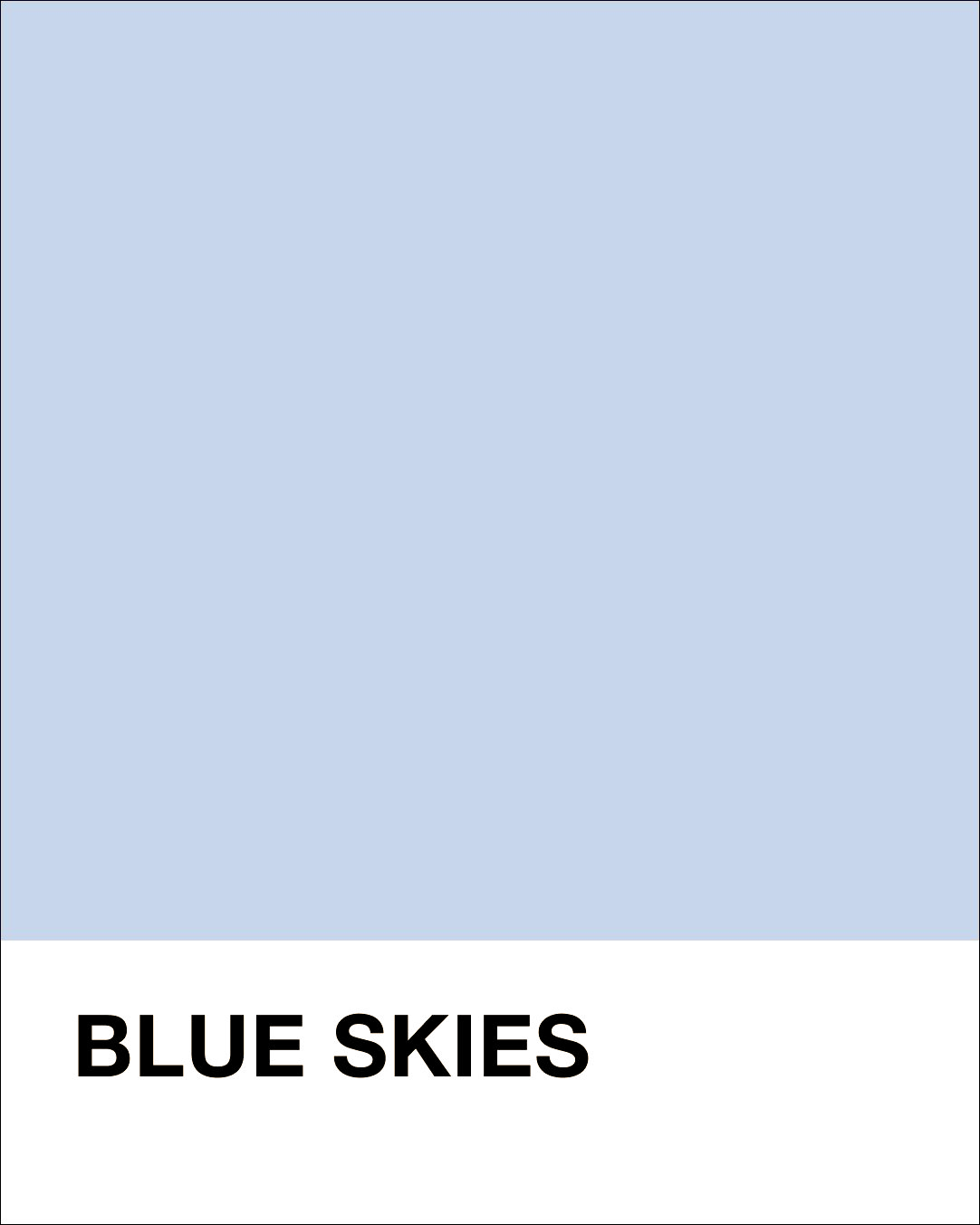 Solid light blue color swatch with 'BLUE SKIES' text at the bottom.