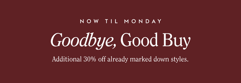 Promotional banner with text 'Goodbye, Good Buy' on a maroon background