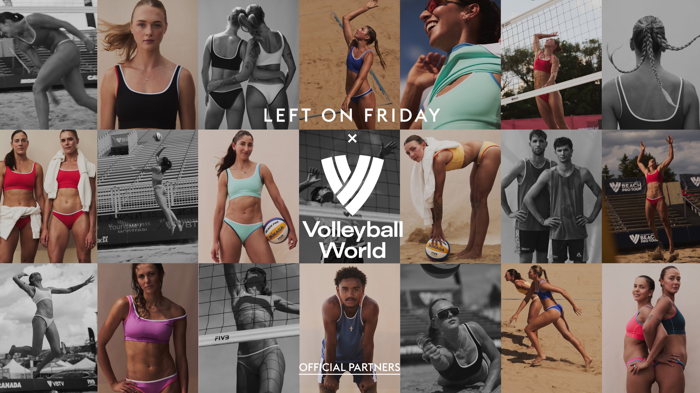A collage-style promotional graphic featuring multiple volleyball-themed lifestyle photos with women and men playing on the court, some in black-and-white and others in color. Large centered text reads 'LEFT ON FRIDAY' above a Volleyball World logo, with 'OFFICIAL PARTNERS' near the bottom.