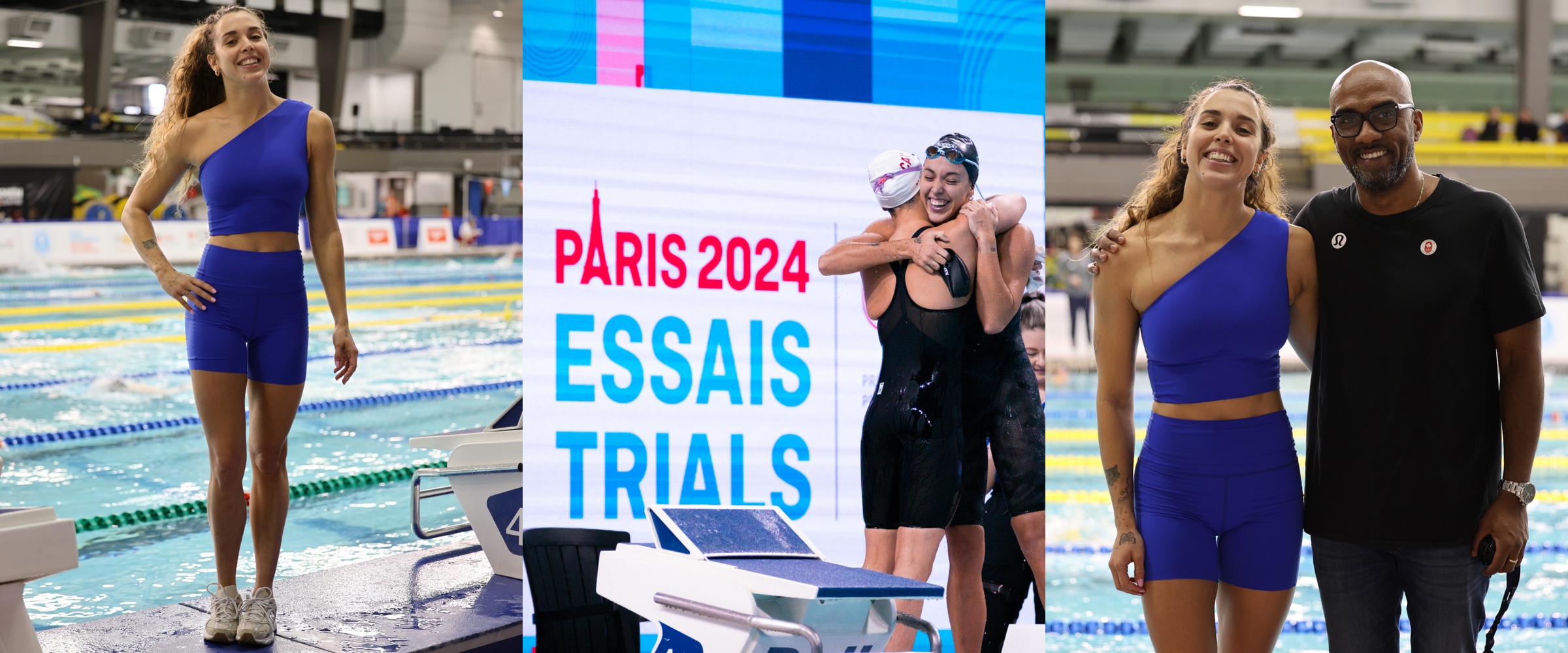 Mary-Sophie Harvey in blue Left On Friday Super Moves outfit standing on a pool deck with 'Paris 2024 Essais Trials' sign in the background
