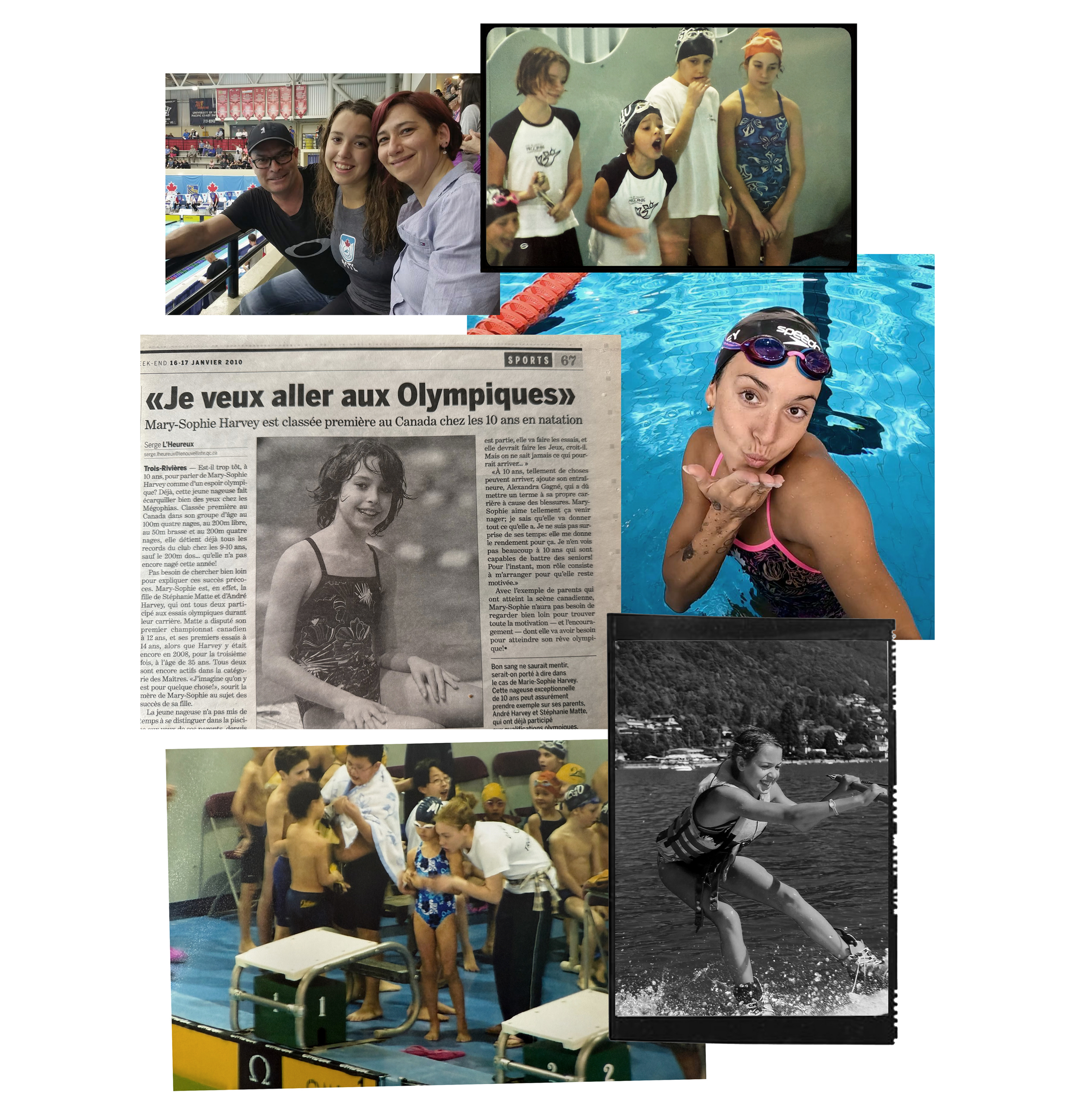 Collage of images of Mary-Sophie Harvey featuring people at a swimming pool and newspaper article.