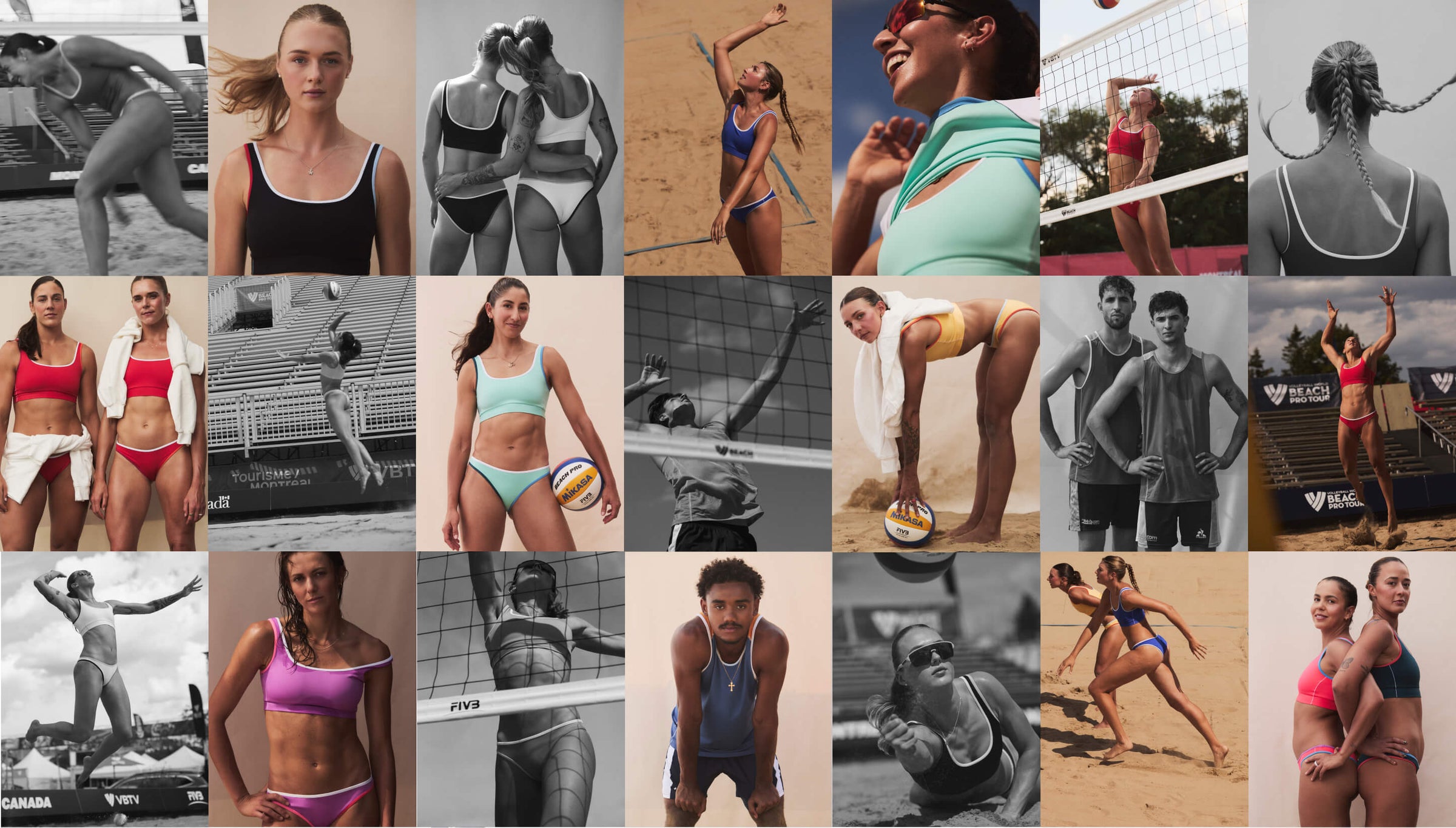 A collage of 20 fashion photos featuring women and men playing beach volleyball and wearing athletic swimwear and sports jerseys in various outdoor beach and court settings.