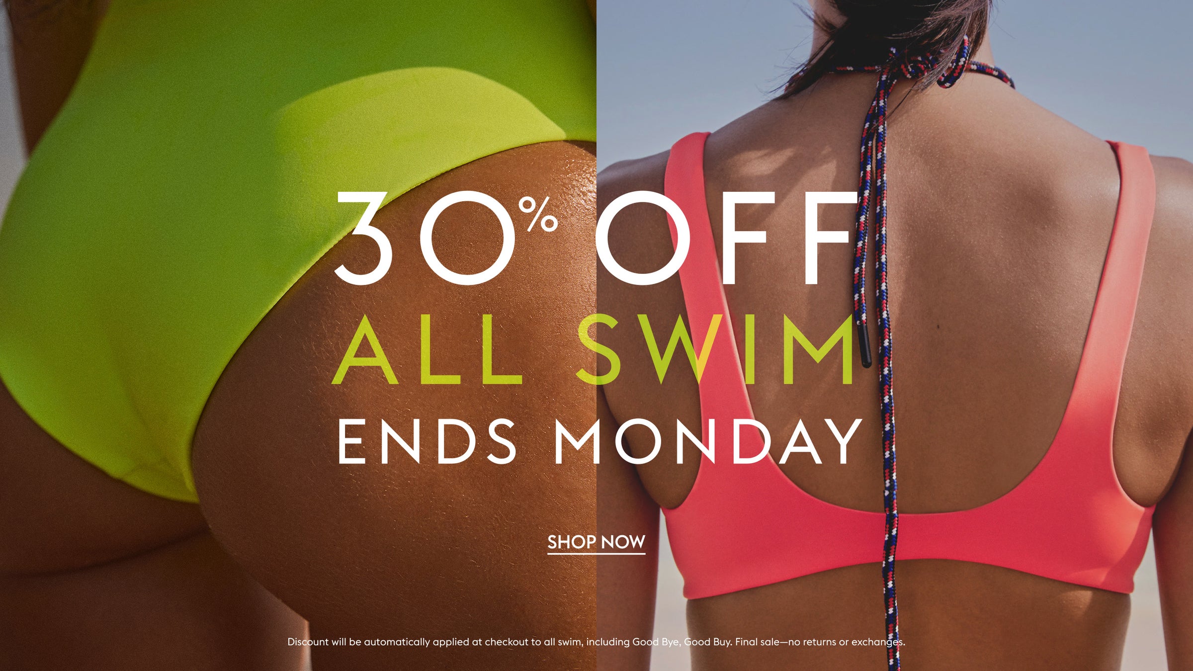 Promotional banner featuring two swimmers from behind wearing bright swimwear. The left swimmer wears a neon yellow-green bikini bottom, and the right swimmer wears a red bikini top.