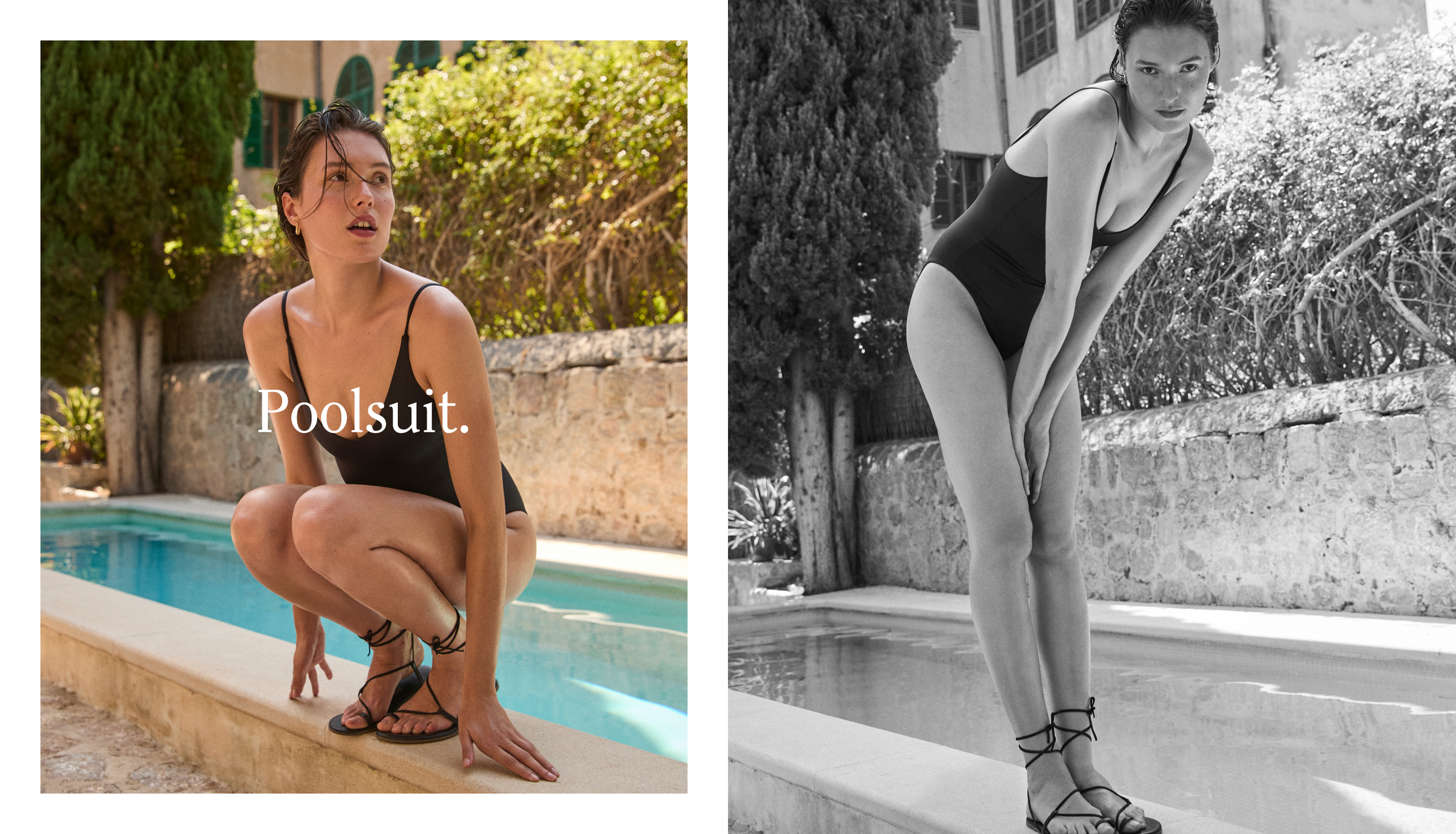 Woman in a black Sunday Suit by a pool with text 'Poolsuit'.