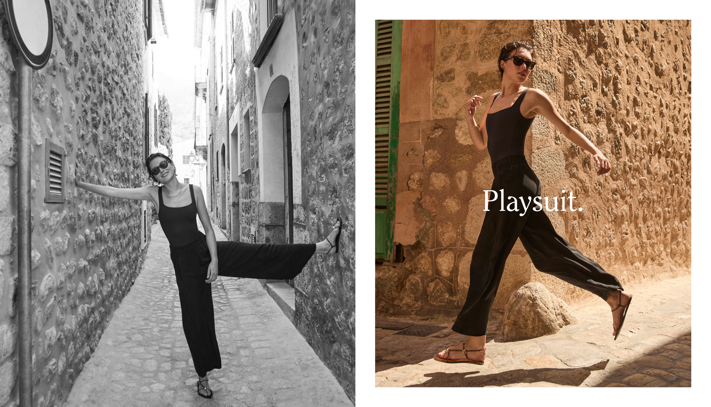 Woman in black Streamline Suit and Sheer Stripe Day Trip Pant posing on a stone street with 'Playsuit' text overlay.