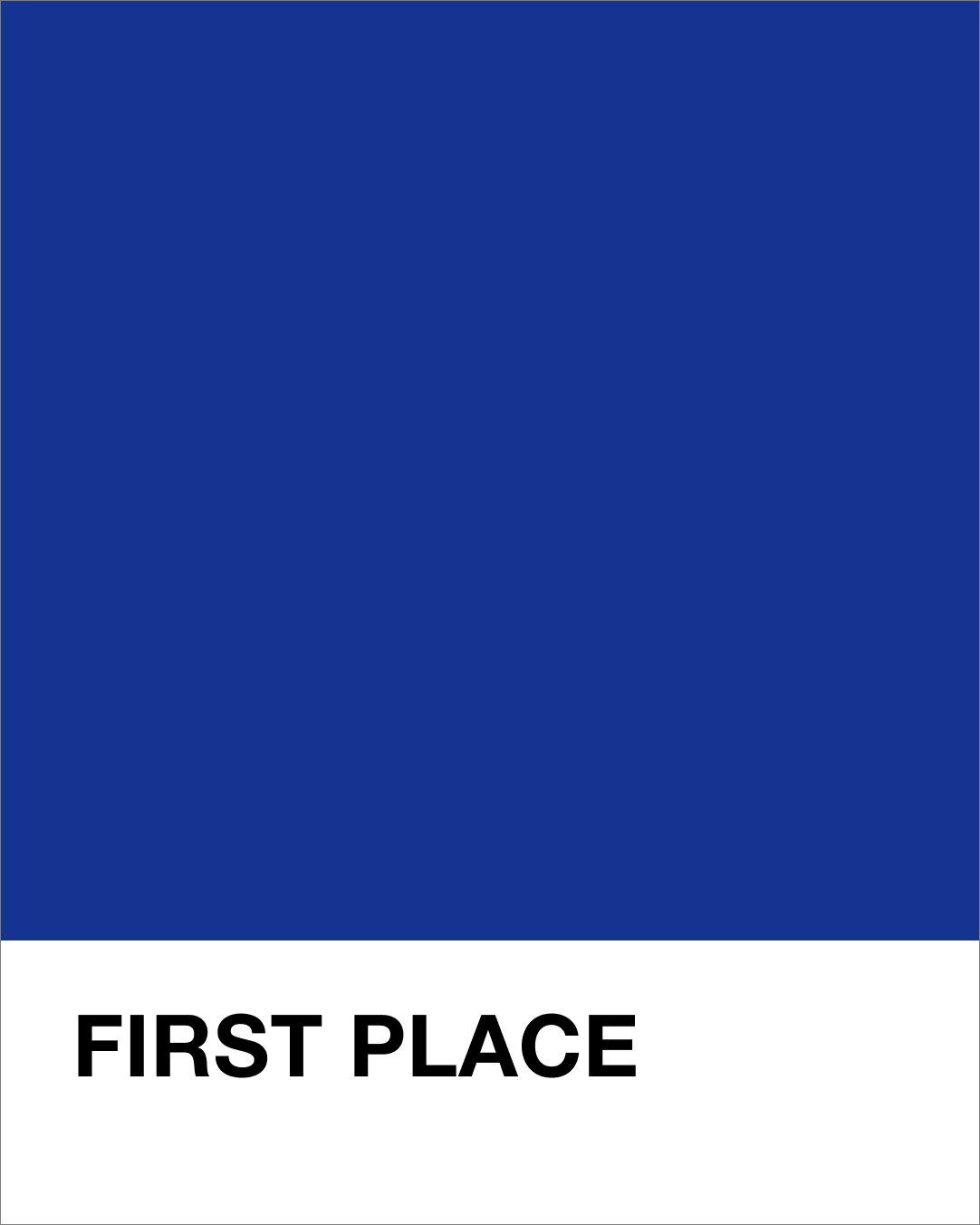 Blue background with 'FIRST PLACE' text on a white bar