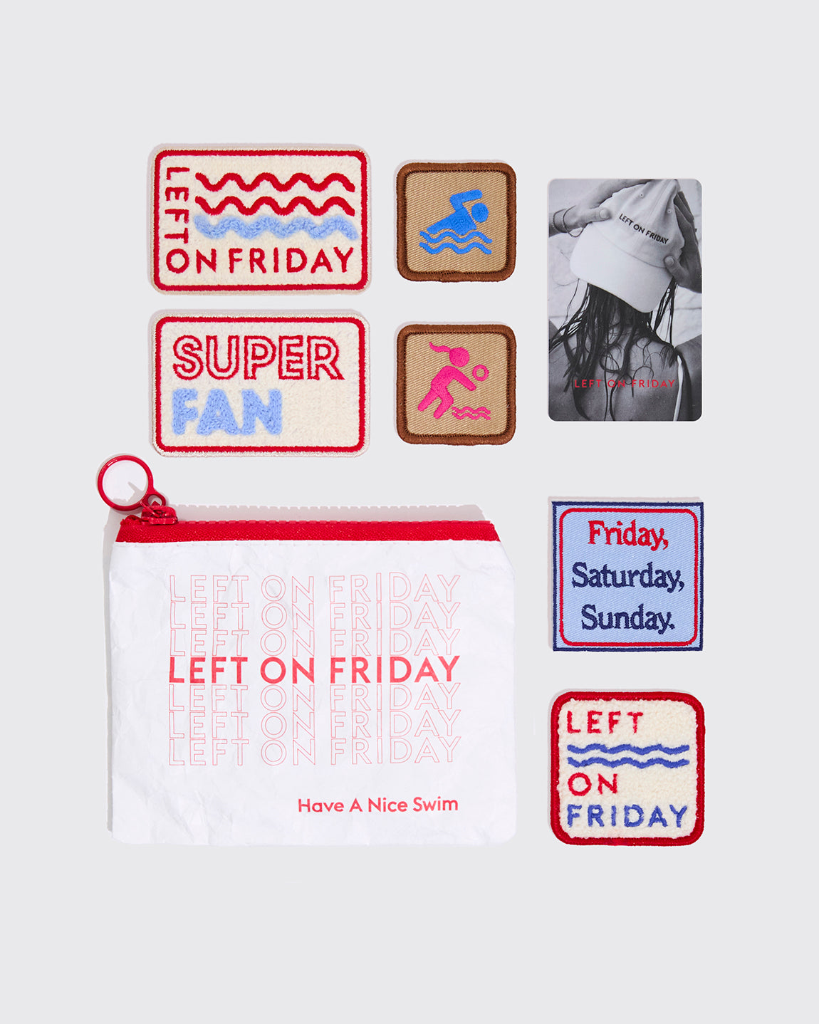 White pouch with 'LEFT ON FRIDAY' text and LOF Gift Card with patches.