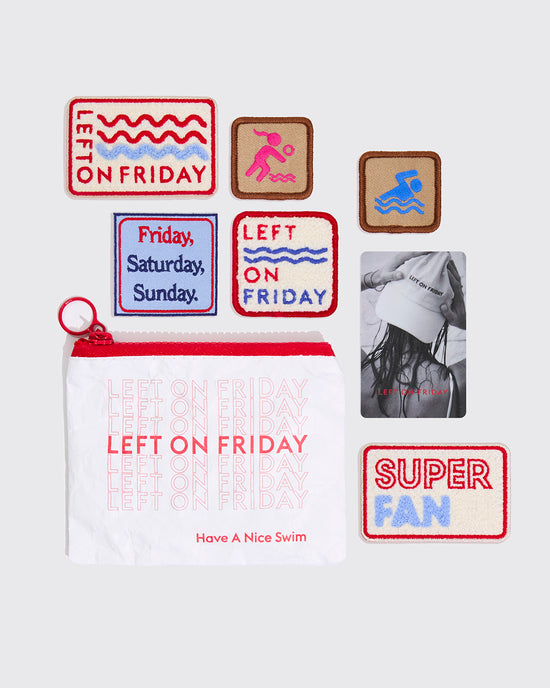 White pouch with 'LEFT ON FRIDAY' text and LOF Gift Card with patches.