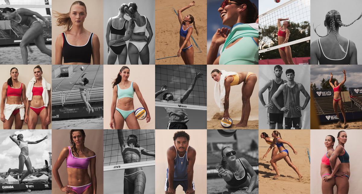 A collage of 24 sports-themed photos featuring women and men playing volleyball, modeling swimwear, and training on beaches, courts, and sand. The images are arranged in a grid, with several in black and white and others in color, showcasing athletic apparel and action.