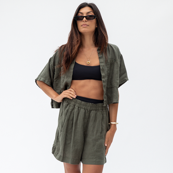 Pool Days Top - Jet + Getaway Cropped Shirt + Coastal Short - Martini (Size S)