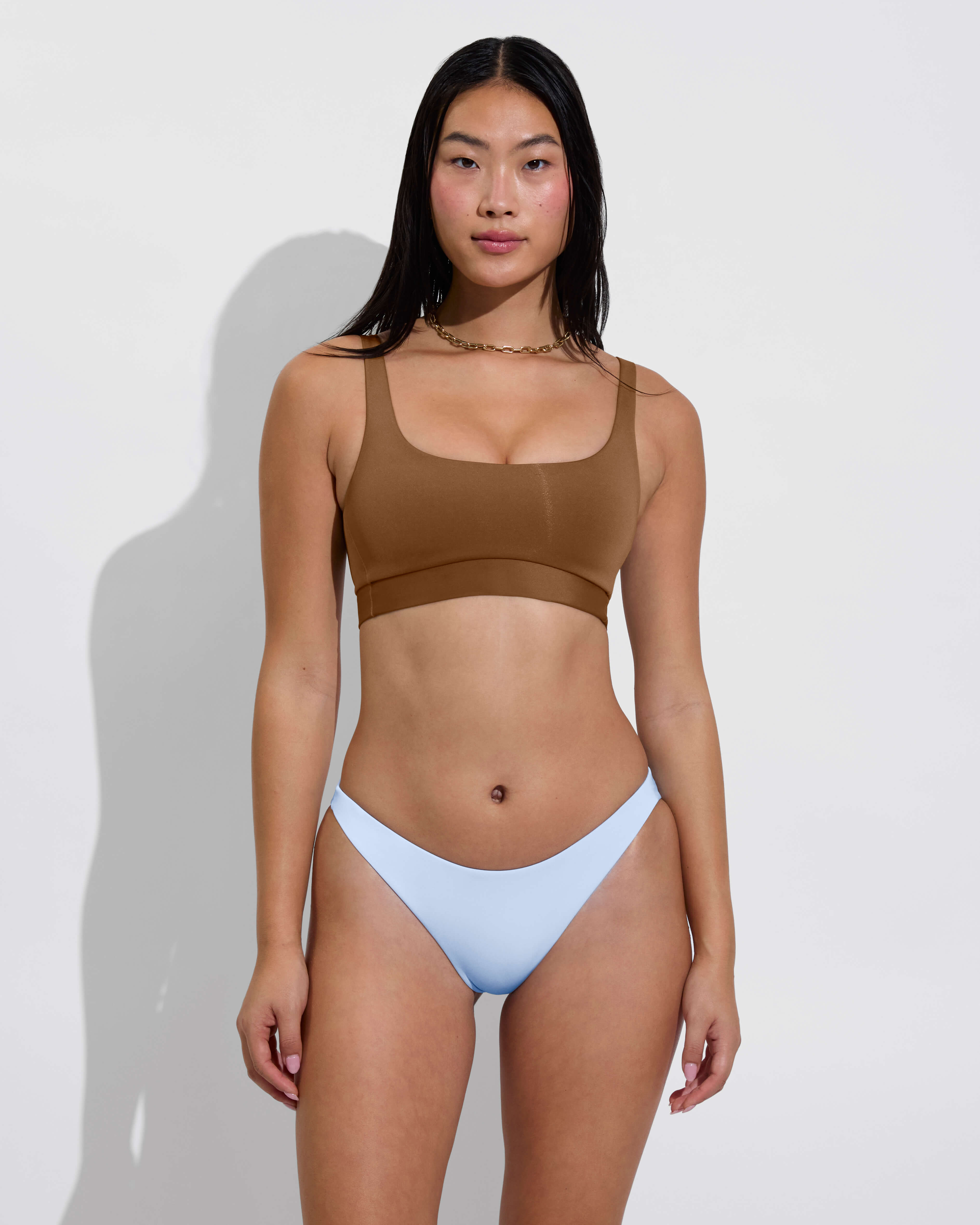 Double Scoop Top - Tan Lines + Streamline Bottom - Blue Skies (Size S)
