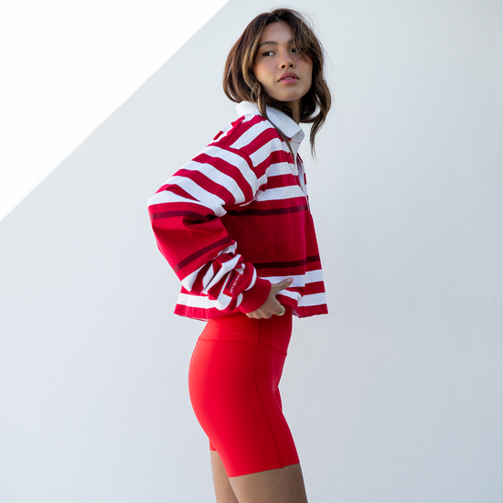 League Shirt Cropped - Red / White Multi Stripe + Super Moves Short - Sweet Chili Heat (Size S)