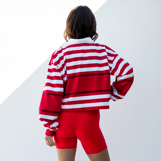 League Shirt Cropped - Red / White Multi Stripe + Super Moves Short - Sweet Chili Heat (Size S)