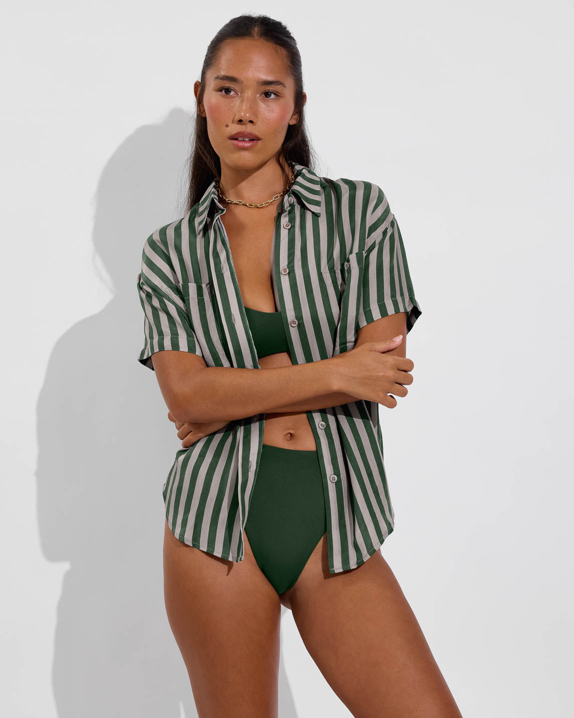 La Plage + Throwback Bottom - Palm (Size S) + Day Trip Button Down- Riviera Stripe: Palm / Beach (Size S/M)