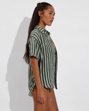 Day Trip Button Down - Riviera Stripe: Palm / Beach (Size S/M)