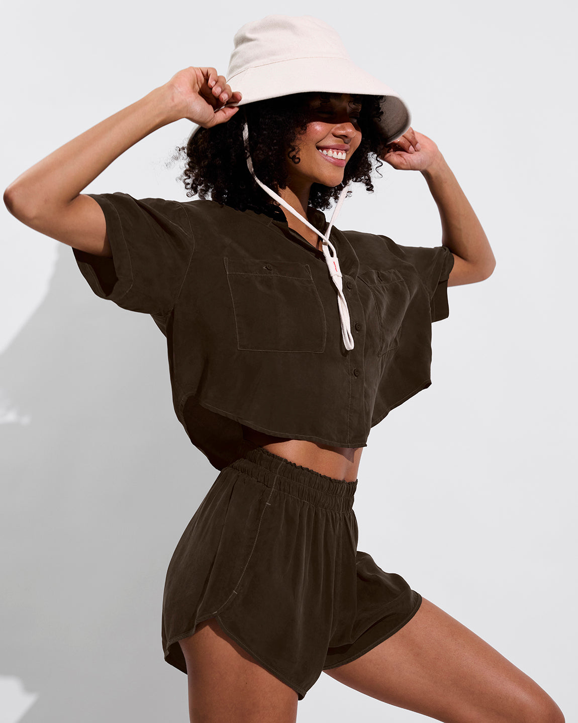 Day Trip Button Down *Cropped (Size S/M) + Day Trip Short - Cold Brew (Size S) + Shady Bucket Hat - Sugar