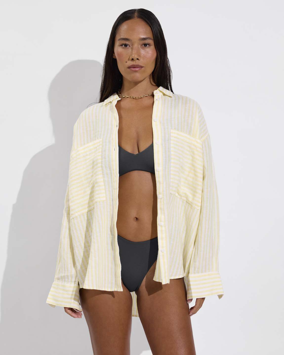 Sunday Top D+ (32DD, Size S) + Dip Bottom - Eclipse + Getaway Button Down - Bungalow Stripe: Melt / Coconut (Size S/M)