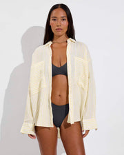 Sunday Top D+ (32DD, Size S) + Dip Bottom - Eclipse + Getaway Button Down - Bungalow Stripe: Melt / Coconut (Size S/M)
