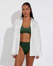 Sunday Top D+ (32DD, Size S) - Tropics + Throwback Bottom - Palm + Getaway Button Down - Sandbar Stripe: Coconut / Tropics (Size S/M)