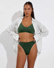 Sunday Top D+ (32DD, Size S) - Tropics + Throwback Bottom - Palm + Getaway Button Down - Sandbar Stripe: Coconut / Tropics (Size S/M)